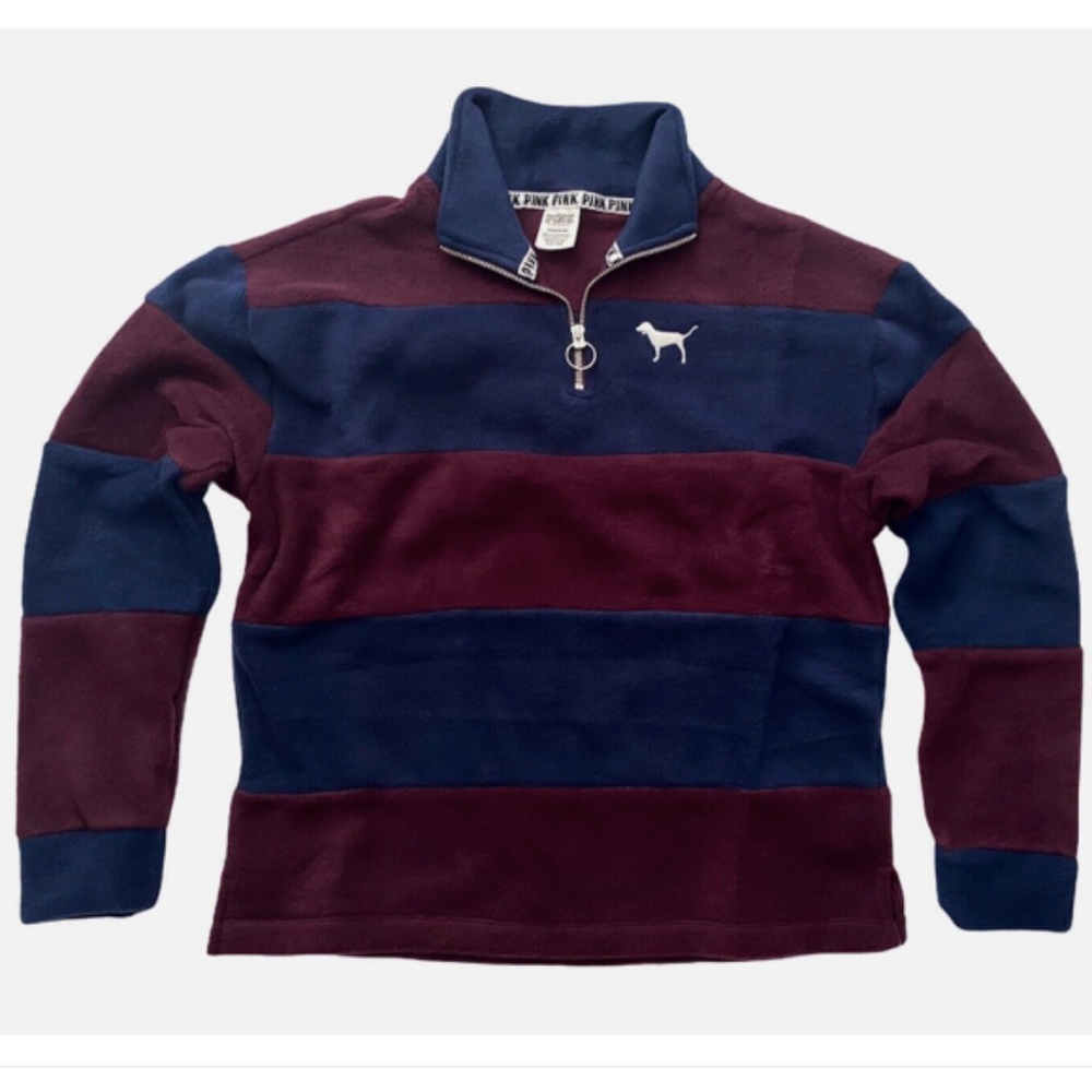 PINK Victorias Secret Blue Burgundy Embroidery Dog Zip Fleece Pullover Sweater